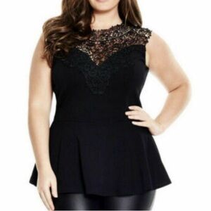 City Chic Black Lace Peplum Top Size S 16